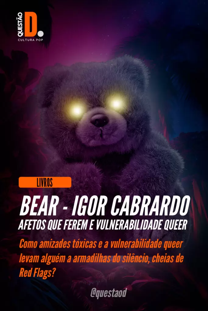 Criativo do Pinterest com um urso em um cenário neon e com os olhos brilhando. Efeito Dutone | Questão D 