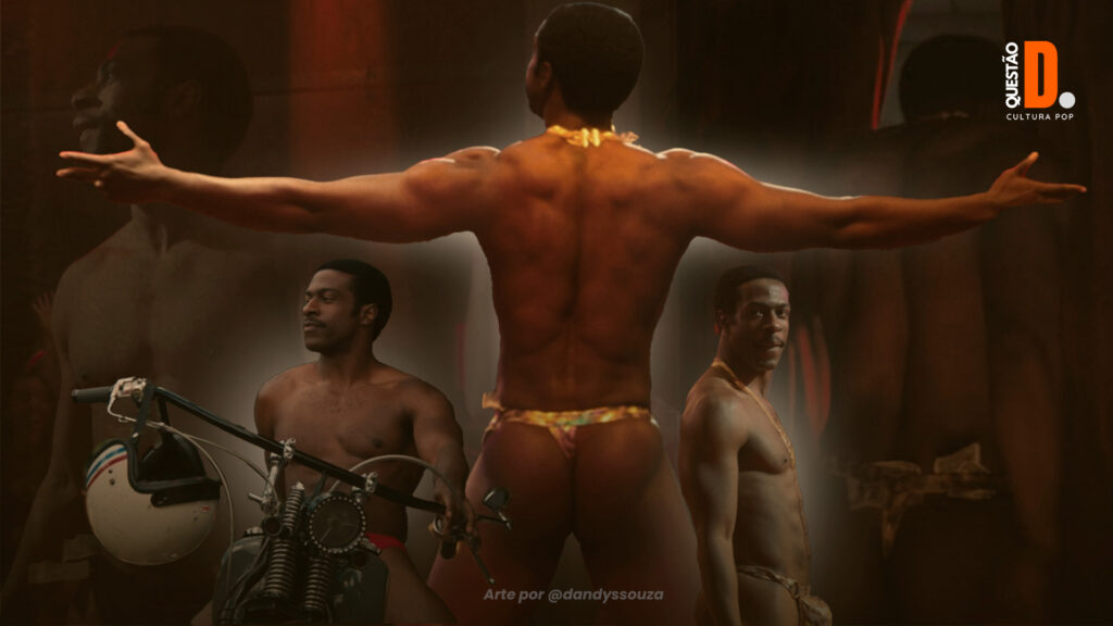 Welcome to Chippendales (2022): Corpo, Fetiche e Fio-dental | Arte reunindo as principais cenas de Otis (Quentin Plair). Background: reflexo dele olhando para o lado (esquerda), outra ele de costas indo embora (direita). No cento ele de costas de braços abertos, vestindo um fio dental. e logo abaixo ele na moto de sunga vermelha e ao lado um de perfil dele de fio-dental | Questão D