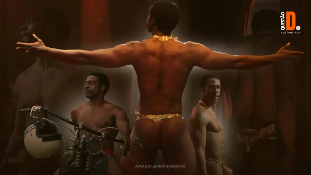 Welcome to Chippendales (2022): Corpo, Fetiche e Fio-dental | Arte reunindo as principais cenas de Otis (Quentin Plair). Background: reflexo dele olhando para o lado (esquerda), outra ele de costas indo embora (direita). No cento ele de costas de braços abertos, vestindo um fio dental. e logo abaixo ele na moto de sunga vermelha e ao lado um de perfil dele de fio-dental | Questão D