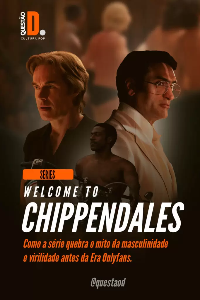 Arte para o Pinterest. Background: dançarinos de costas com imagem desfocada. E no centro Nick De Noia e Steven Barnajee em perfis opostos, e entre eles, Otis sentado na moto de sunga vermelha | Questão D