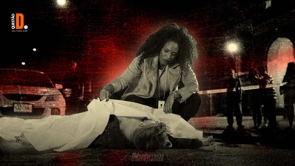 Slasher: Solstício | Arte com a cena de Lisa Berry no local de um crime | Arte Criada por Dandy Souza | Questão D